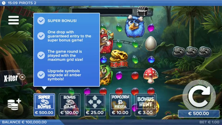 Pirots 2 X-iter menu showing all five buy-in prices