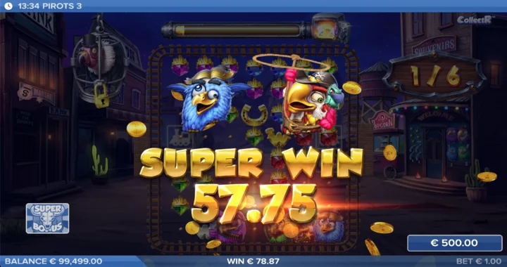 Pirots 3 Super Win celebration screen during the Super Bonus round