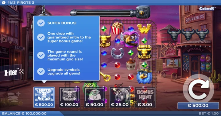 Pirots 3 X-iter menu showing all five buy-in prices