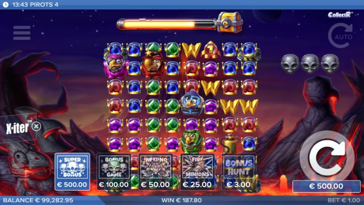 Pirots 4 Inferno live gameplay grid with birds, gems and the X-iter menu