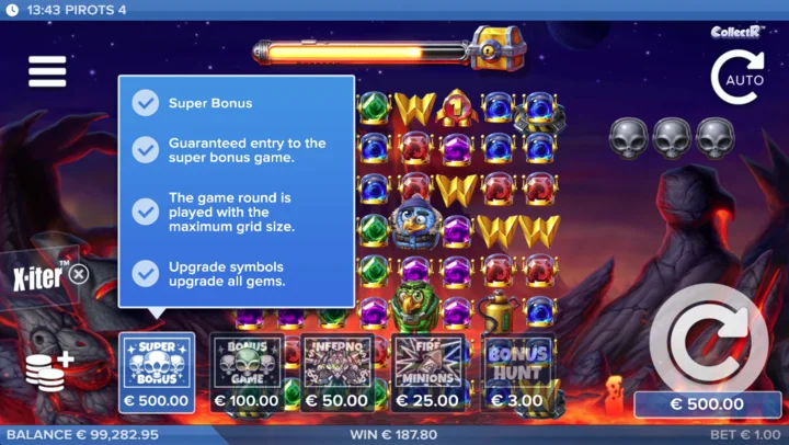 Pirots 4 X-iter menu showing all five buy-in prices