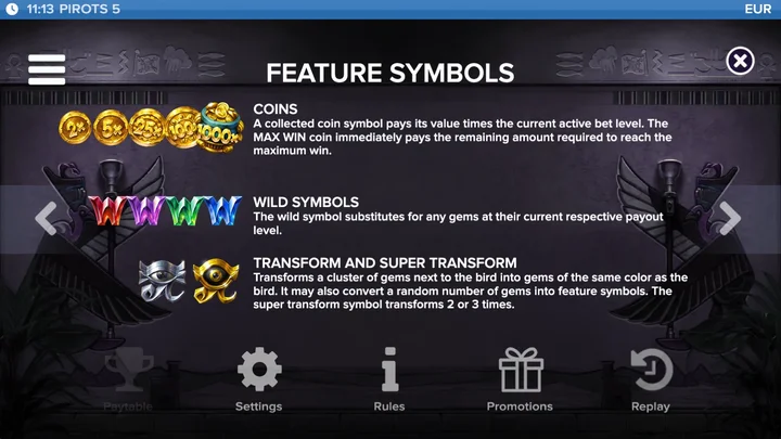 Pirots 5 feature symbols info screen showing coins, wilds and transform symbols