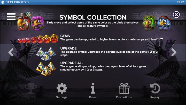 Pirots 5 symbol collection screen showing gems and upgrade symbols