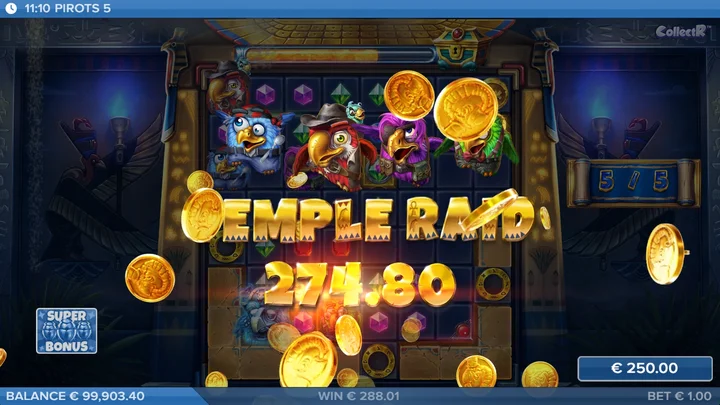 Pirots 5 Temple Raid win screen during the Super Bonus game