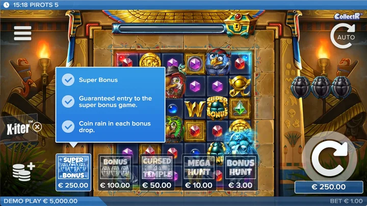 Pirots 5 X-iter menu showing all five buy-in prices