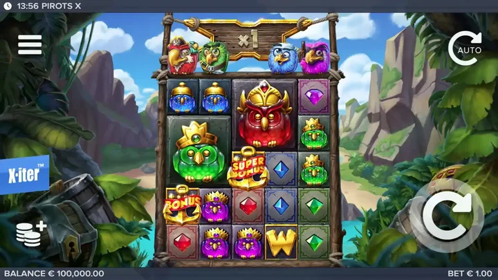 Pirots X gameplay grid with the four perched birds, the global multiplier banner and a Super Bonus symbol