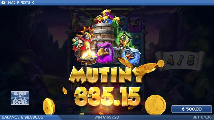 Pirots X Mutiny win celebration screen during the Super Bonus