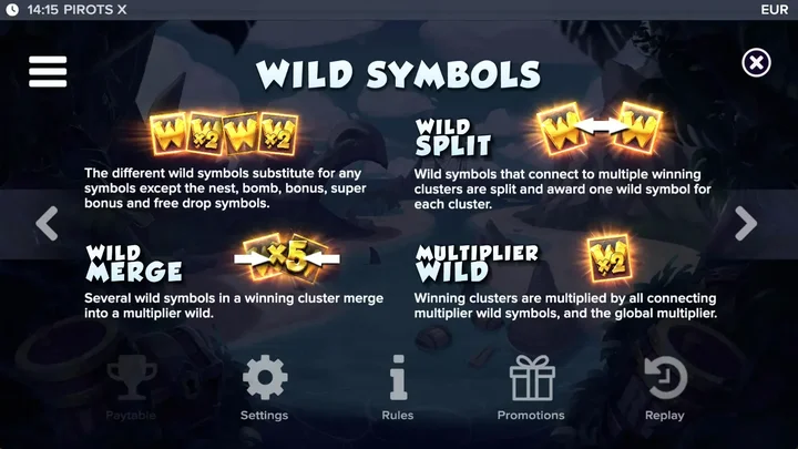 Pirots X Wild Symbols paytable page showing Wild Split, Wild Merge and Multiplier Wild