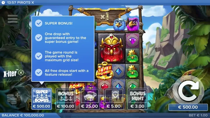 Pirots X X-iter menu showing all five buy-in prices from €3 to €500