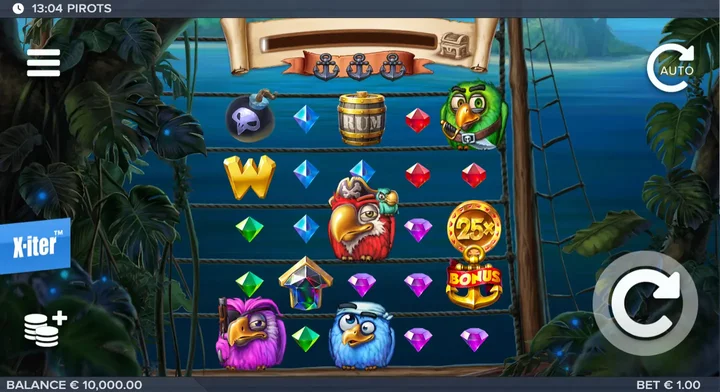 Pirots base grid with all four collector birds and feature symbols