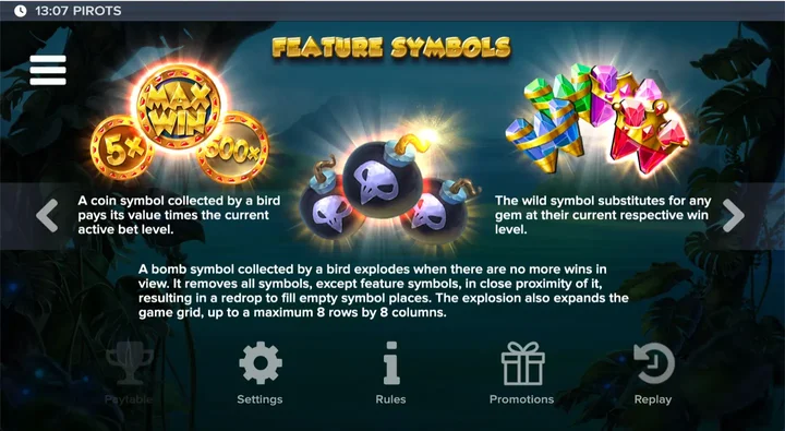 Pirots feature symbols reference showing Coin, Bomb and Wild