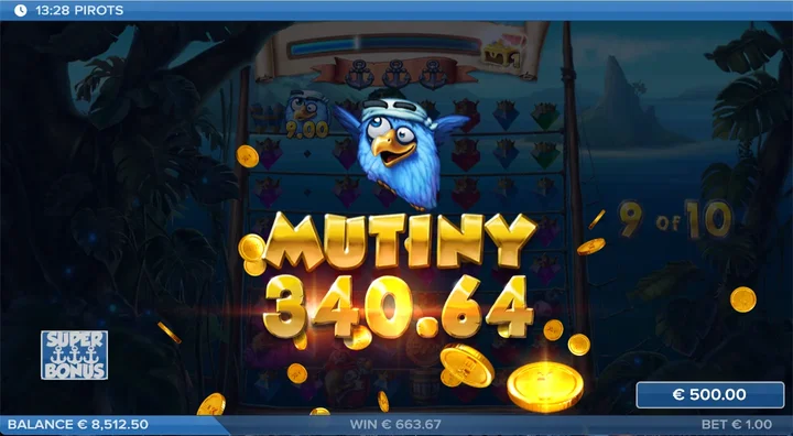 Pirots Mutiny multiplier win screen during Super Bonus