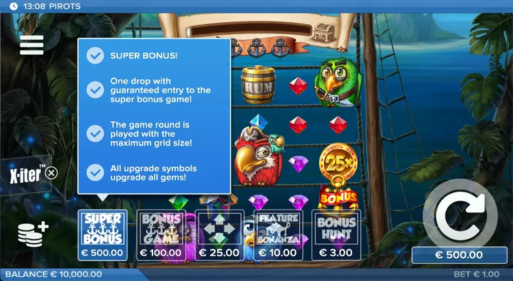 Pirots X-iter menu showing all five buy-in prices